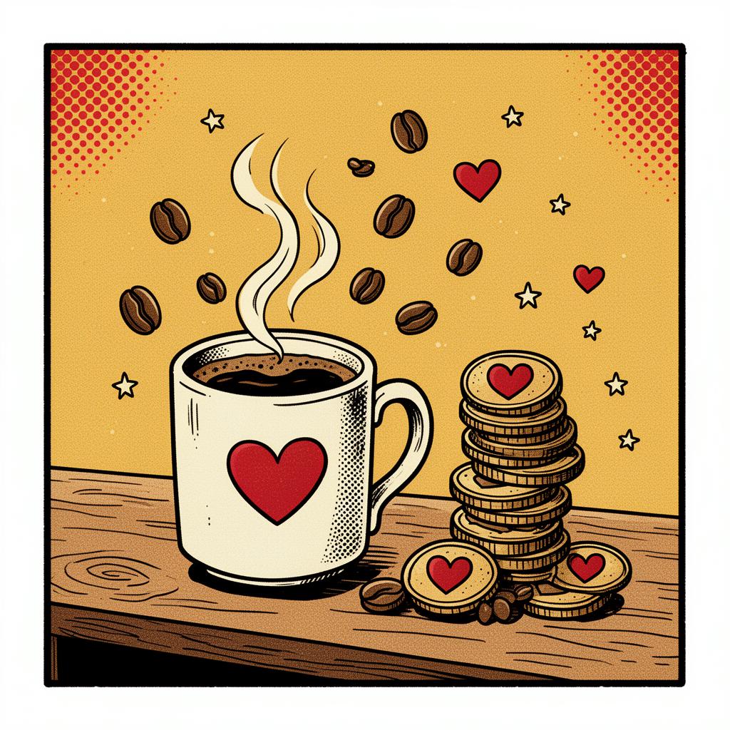 Coffee mug with heart and gold coins